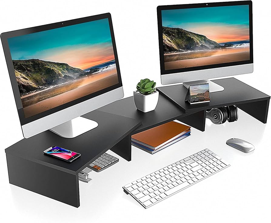 FITUEYES Dual Monitor Stand - Adjustable Wood Desktop Riser